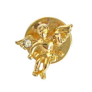 Guardian Angel Gold Tone Scatter Pin with Clear Rhinestone Lapel Hat 0.5in Tall